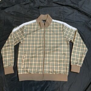 Jian Wang Mens Plaid Track Jacket Brown Green Full Zip Stripe Sleeve Large